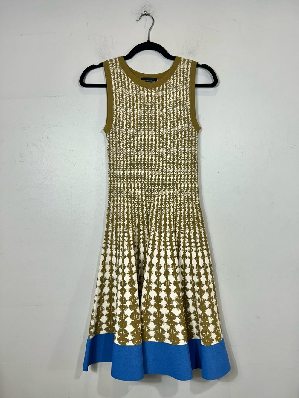 Roberto Collina Italy Olive Green & Blue Geometric Knit A-Line Skater Dress XS